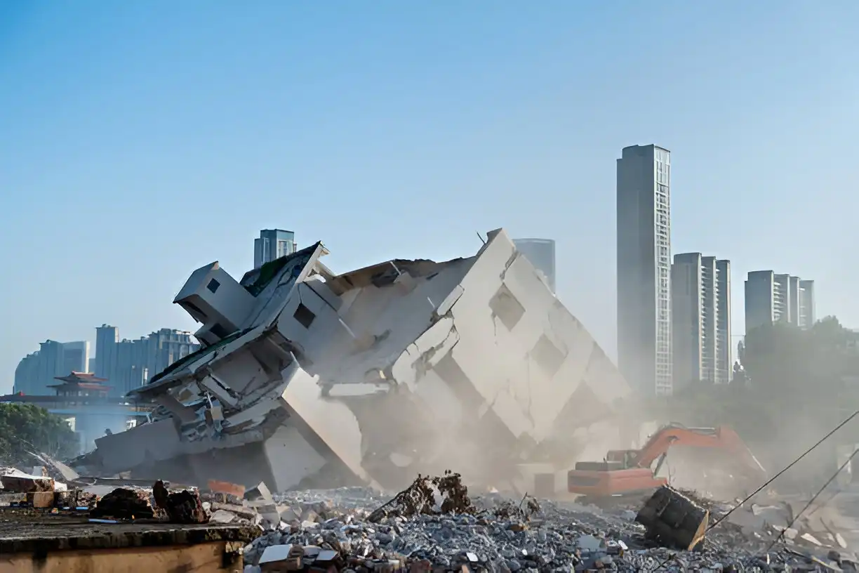 A large building being demolished in an urban area, with debris and dust surrounding an excavator amidst the rubble. Skyscrapers and a clear blue sky are visible in the background.