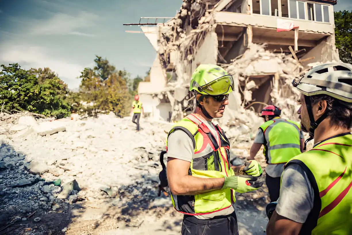 Workers in safety gear and high-visibility vests assessing a partially demolished building surrounded by debris, emphasizing demolition and removal services.