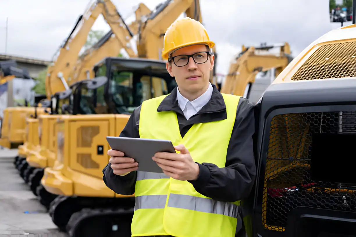 A construction site supervisor in a hard hat and reflective vest uses a tablet in front of a row of yellow excavators, managing demolition and removal operations.