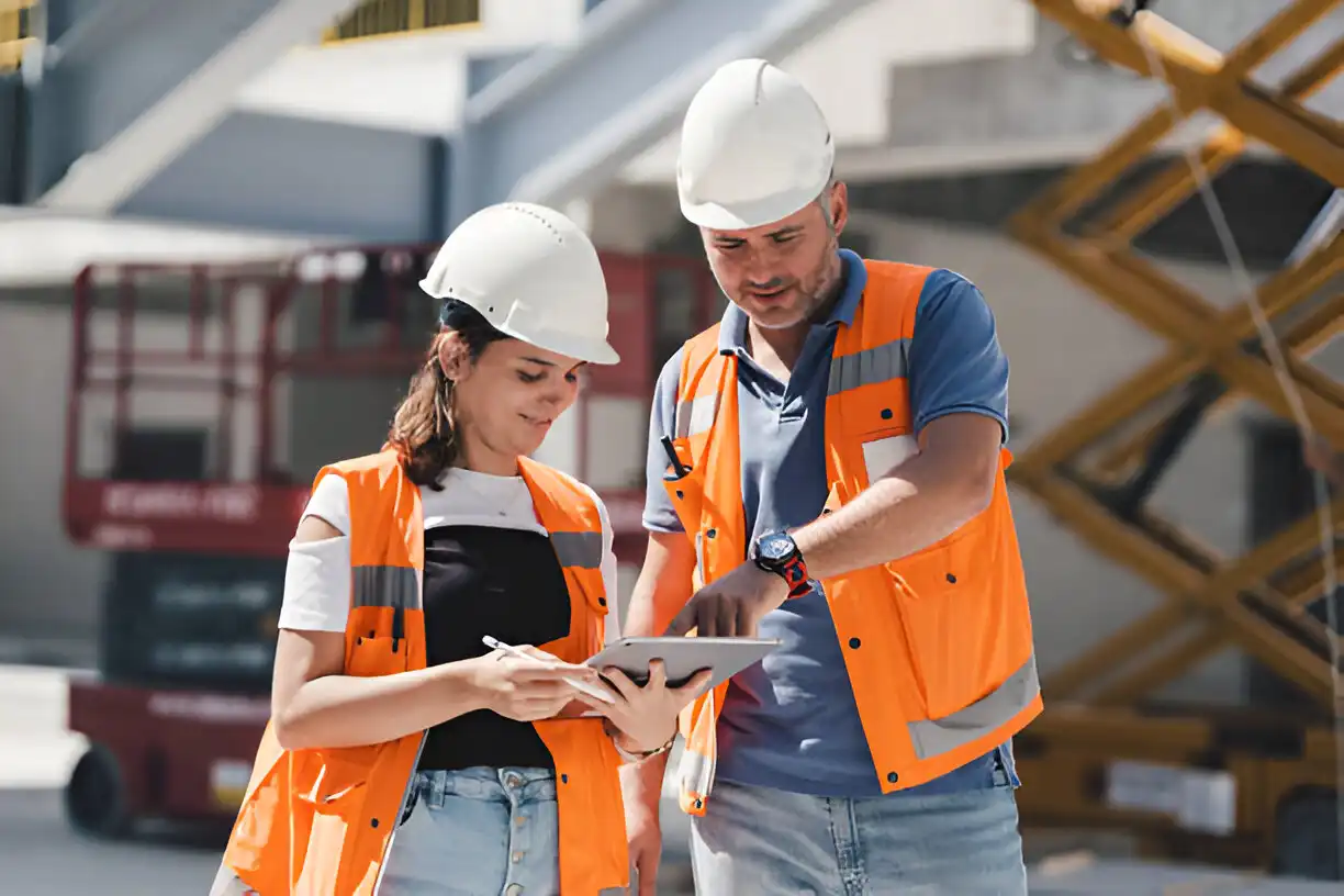 Two construction workers in hard hats and safety vests review demolition plans on a tablet at a construction site, illustrating teamwork and planning in demolition services.