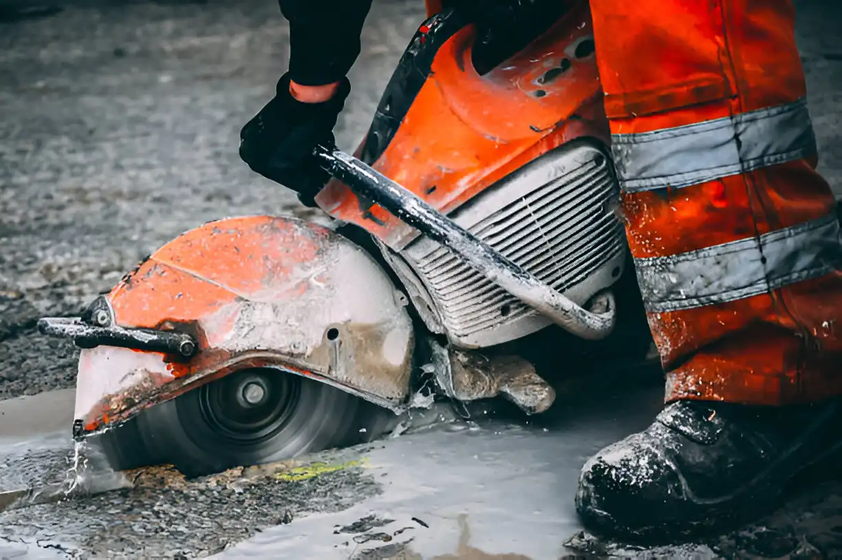 Worker using an industrial power saw to cut through a concrete surface, wearing protective gear and high-visibility orange clothing. The saw is in motion, creating water spray and debris as it cuts.