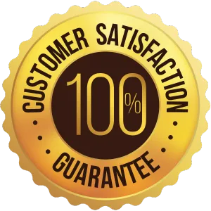 Gold badge with the text "Customer Satisfaction 100% Guarantee," symbolizing assurance of quality and reliability in services.