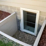 Egress window with gravel well and protective siding for basement access.