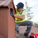 Worker on roof inspecting vent with tools nearby for maintenance and repair tasks.