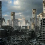 Extensive city building demolition with collapsed structures and urban landscape