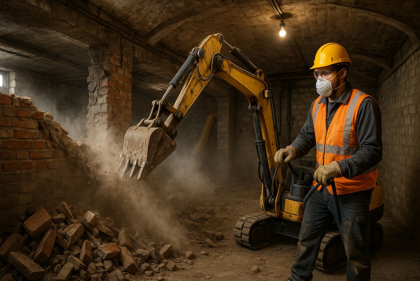 Team of Professionals Working Together "A diverse team of skilled workers in safety gear collaborating on a basement removal project. The scene should show them measuring, discussing plans, and operating tools, emphasizing teamwork and professionalism."
