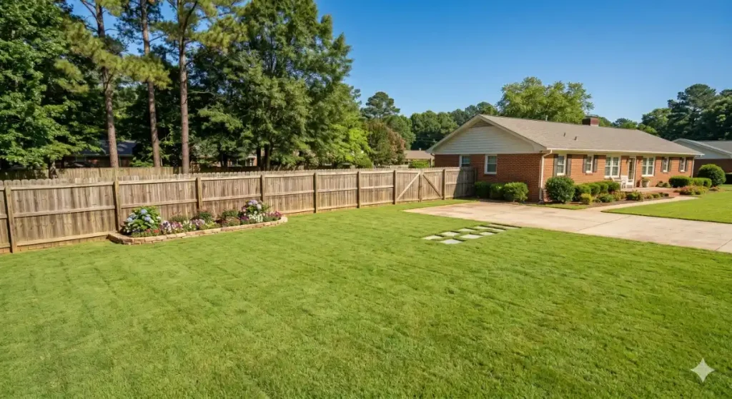 Finished backyard after pool removal with fresh sod in North Carolina