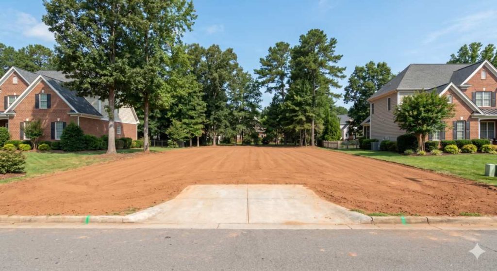 Clean graded lot after home demolition in a North Carolina neighborhood