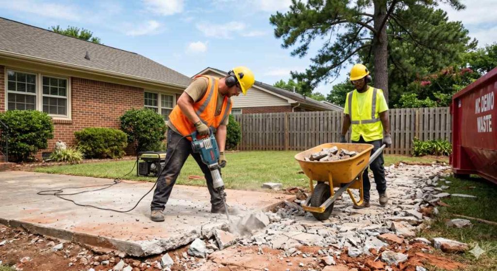 Two-person crew removing a concrete patio with a jackhammer in an NC backyard