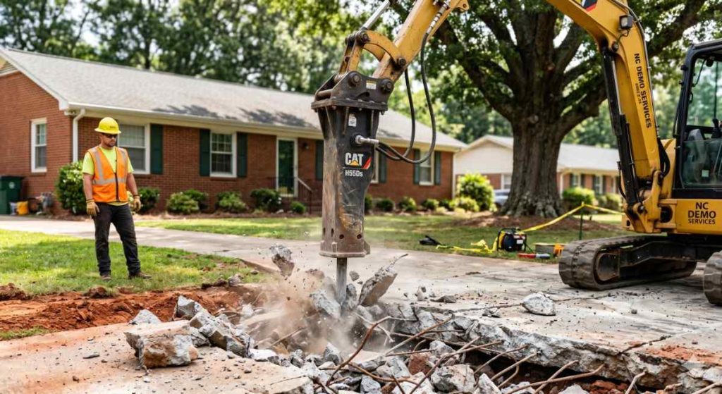 Hydraulic breaker on excavator demolishing a concrete driveway in North Carolina. concrete removal