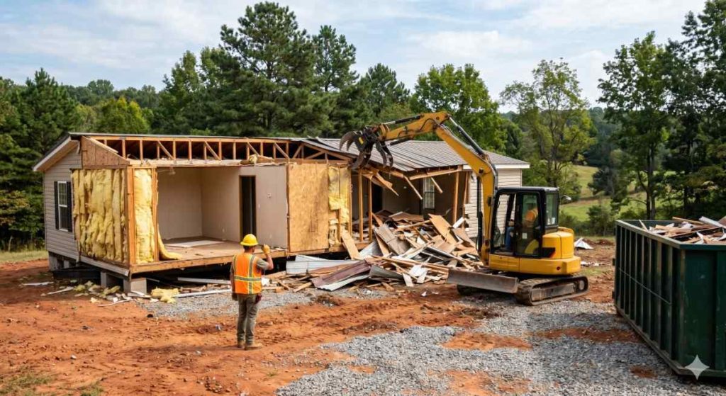 Excavator tearing down a double-wide mobile home in rural North Carolina