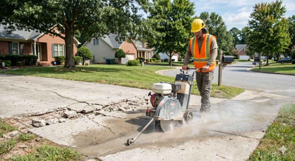 Worker cutting concrete driveway with walk-behind saw in NC neighborhood