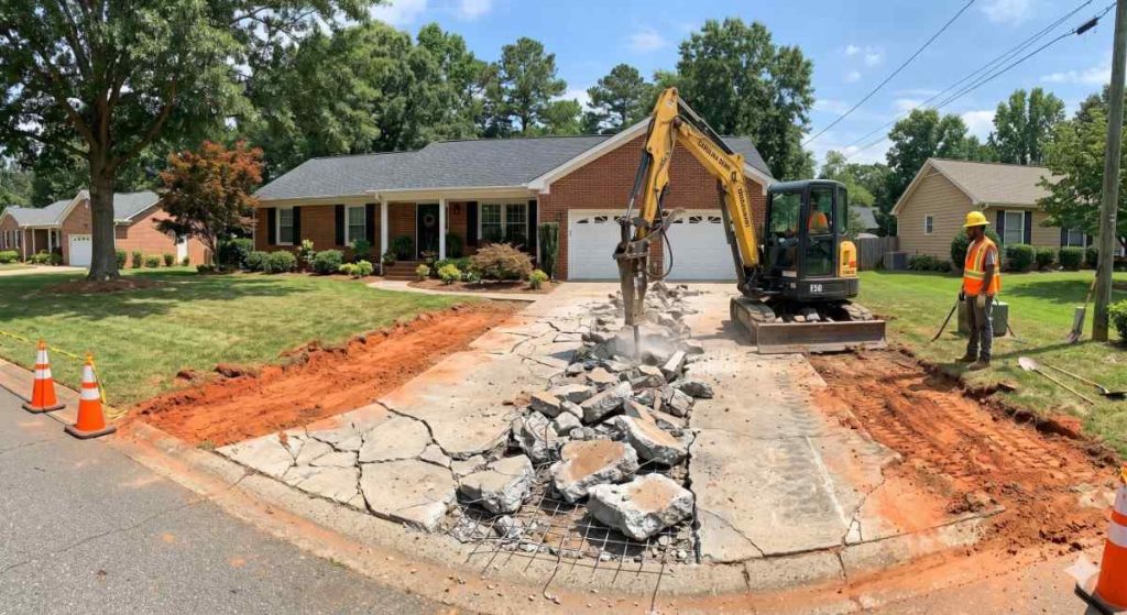 Excavator breaking up a concrete driveway at a North Carolina home