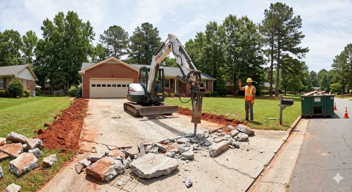 Excavator breaking up a concrete driveway at a North Carolina home