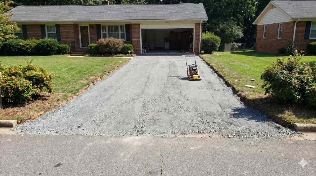 Compacted gravel subgrade after driveway removal at a North Carolina home 