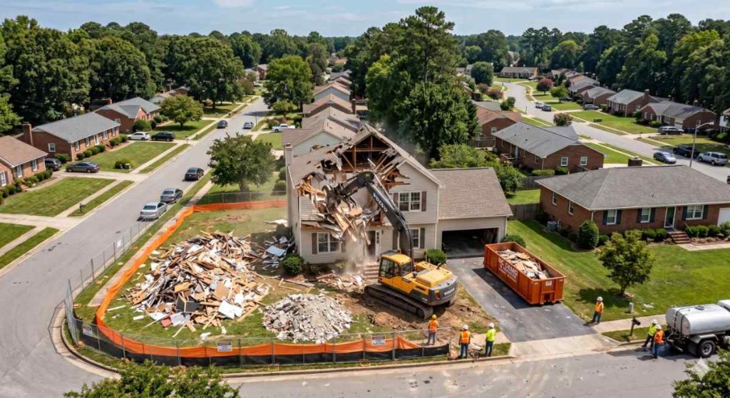 Aerial view of residential home demolition in a North Carolina neighborhood