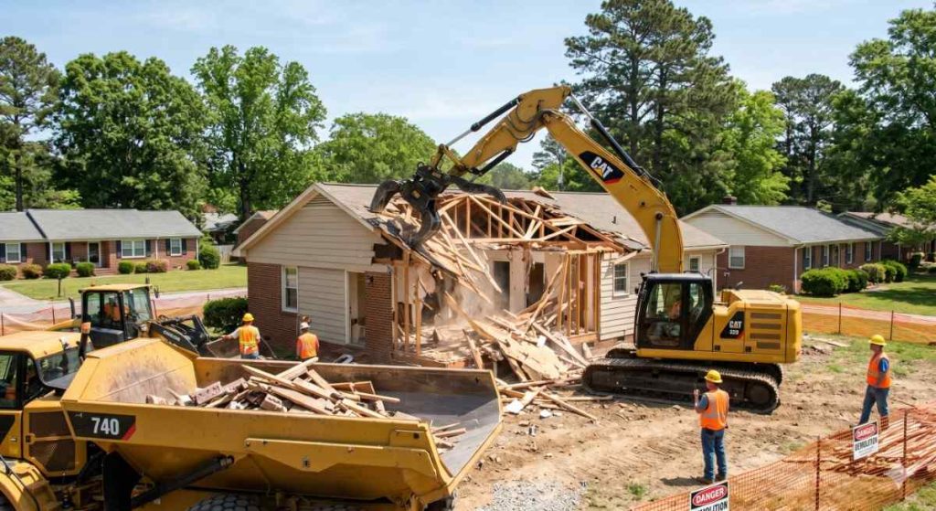 Excavator demolishing a ranch-style home in suburban North Carolina