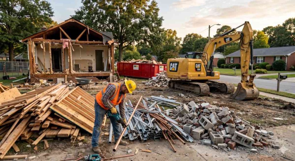 Crew sorting demolition materials during a home teardown in North Carolina