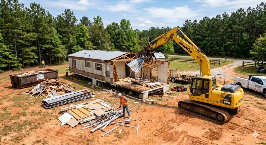 Excavator dismantling a single-wide mobile home on a rural NC property