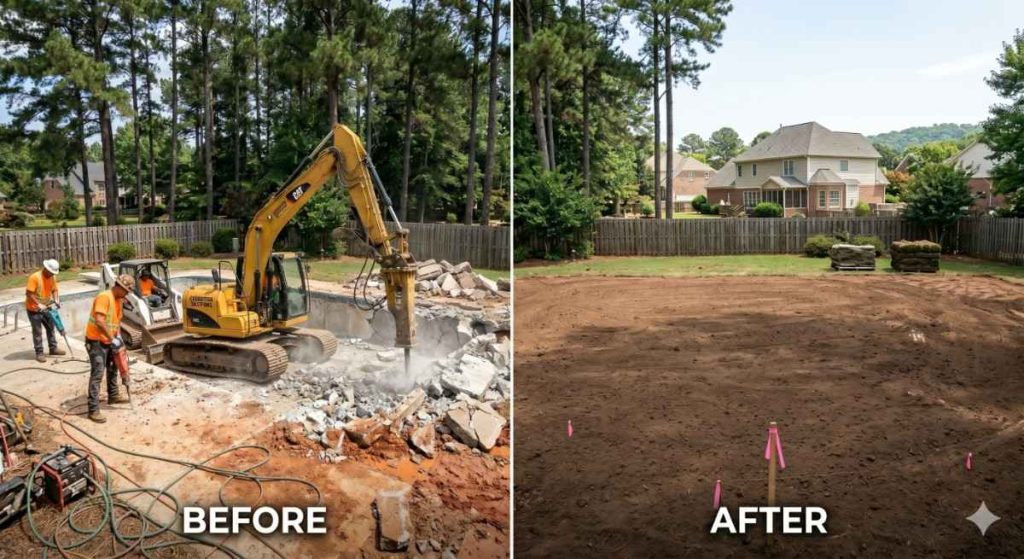 Before and after pool demolition showing concrete breakup and graded backyard