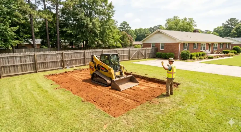 Skid steer compacting backfill in a residential pool removal site