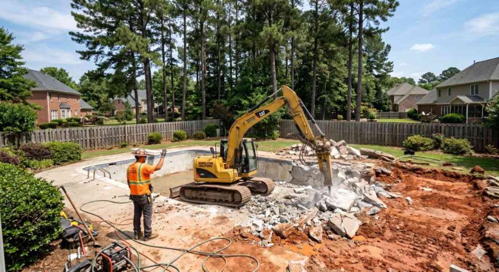Excavator demolishing an in-ground concrete pool in a North Carolina backyard