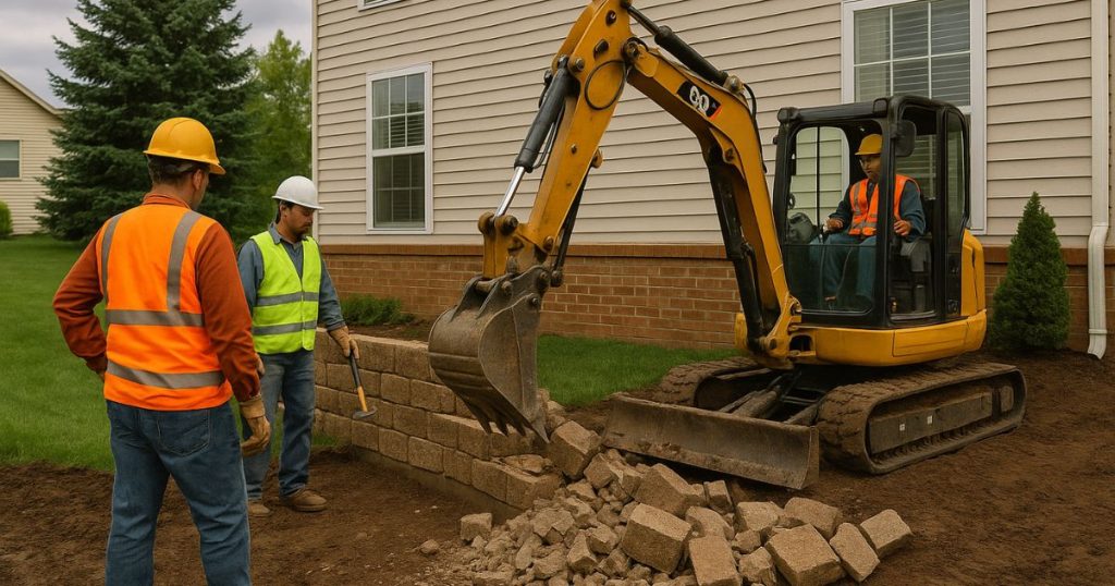 professional demolition team using heavy machinery to safely remove a retaining wall, showcasing safety gear, equipment, and the surrounding environment