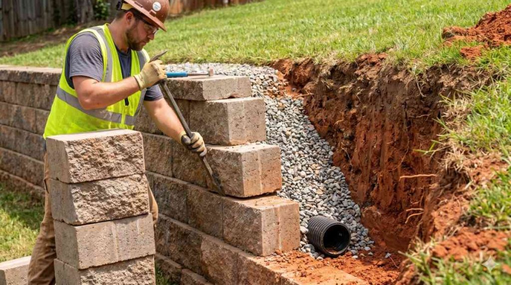Worker disassembling block retaining wall revealing gravel backfill and drainage pipe