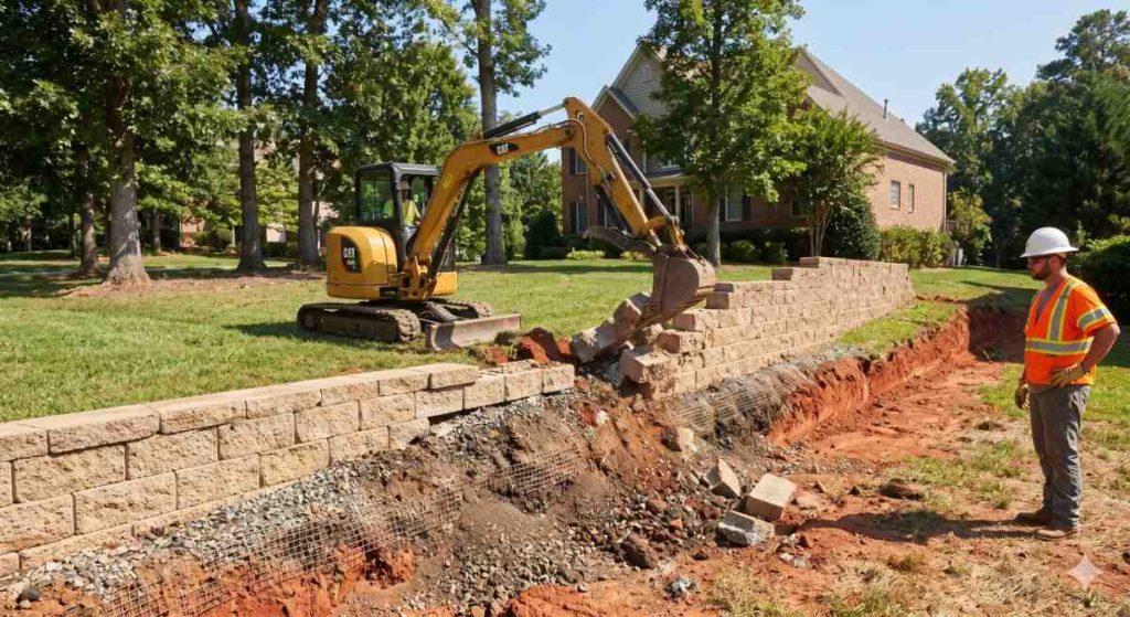 Excavator removing a block retaining wall on a sloped North Carolina property