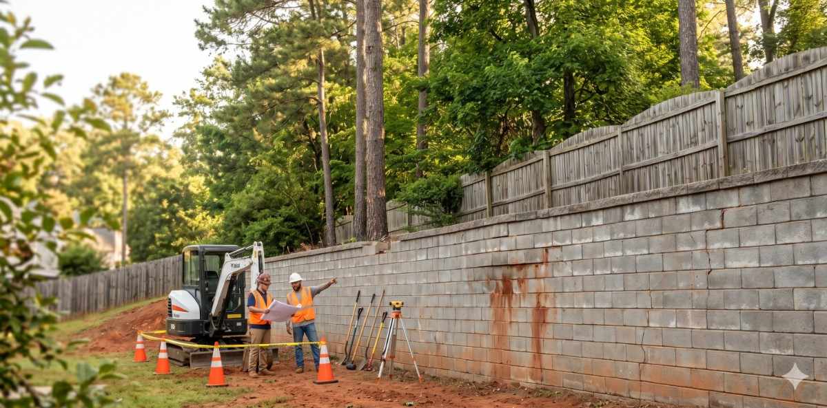 Crew preparing to remove a failing retaining wall on a sloped NC backyard