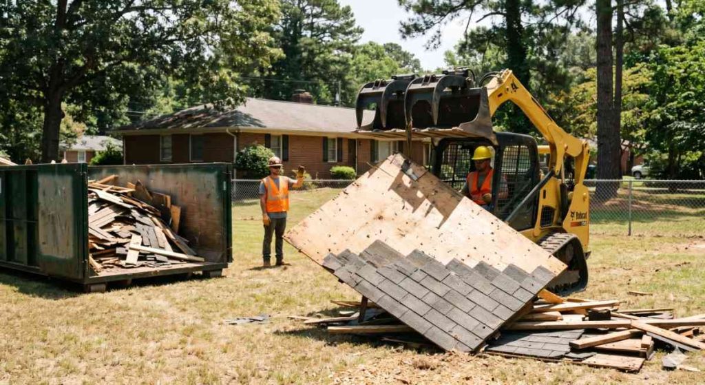 Skid steer removing shed roof debris in a North Carolina residential backyard