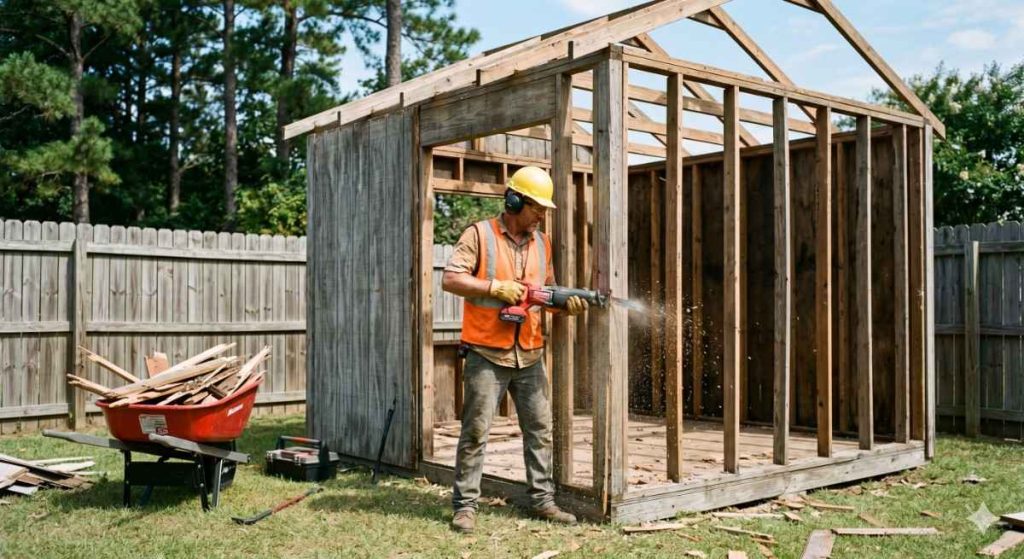 Worker dismantling a wood shed with a reciprocating saw in an NC backyard