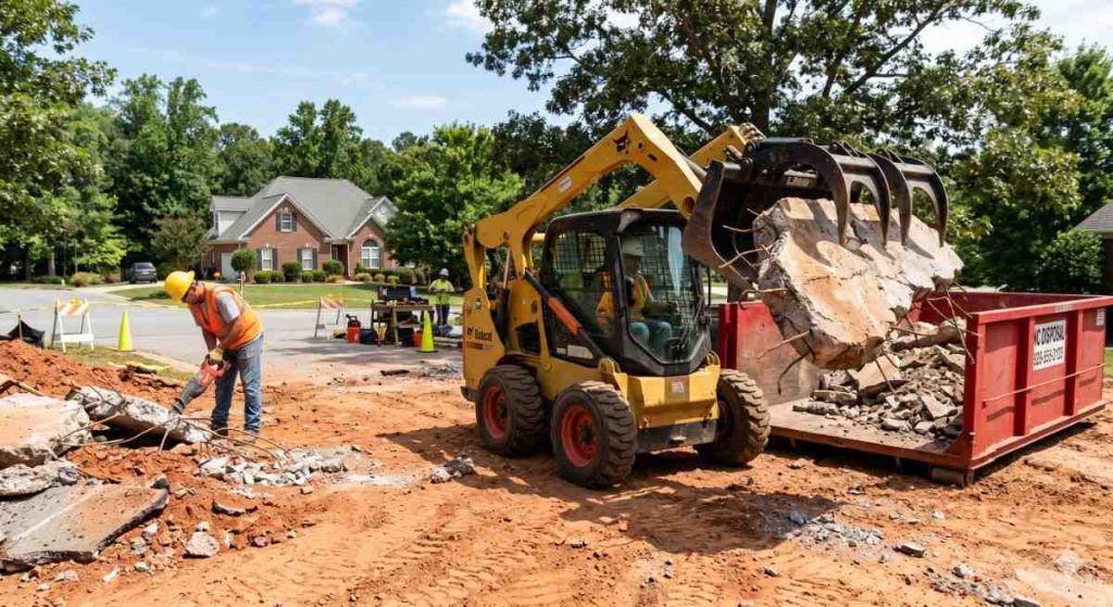 Skid steer loading broken concrete into dumpster during residential demolition