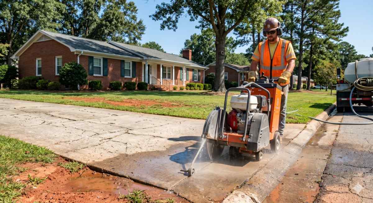 Professional demolition worker operating a walk-behind concrete saw with water suppression to cut a cracked residential driveway in North Carolina.