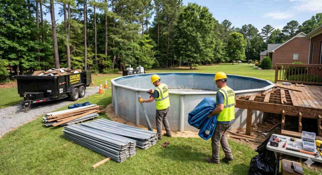 Crew dismantling an above-ground pool beside a dump trailer in North Carolina