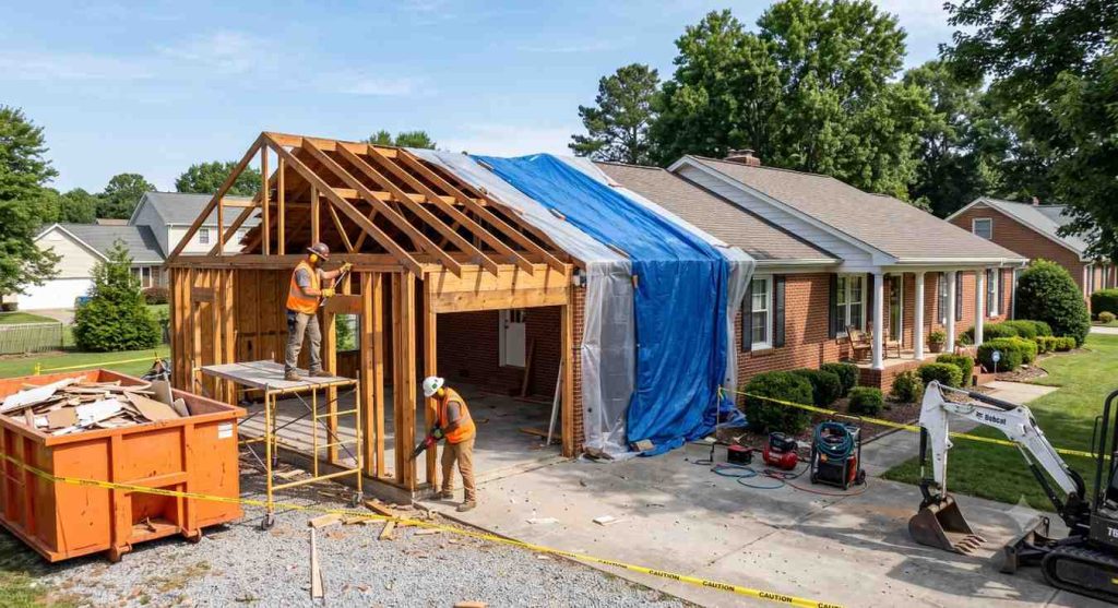 Crew carefully demolishing an attached garage next to a brick home in North Carolina