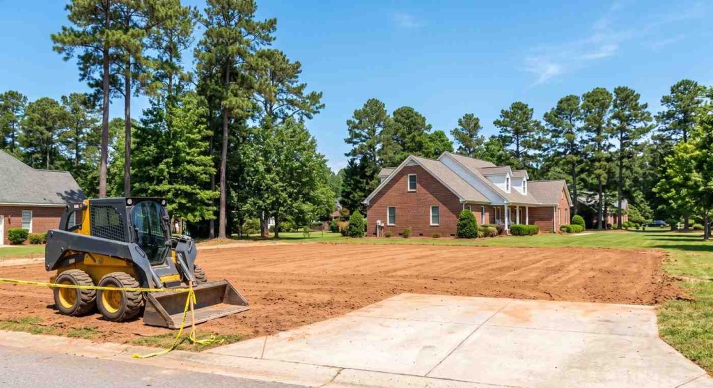 Cleared and graded backyard after garage demolition and cleanup in North Carolina