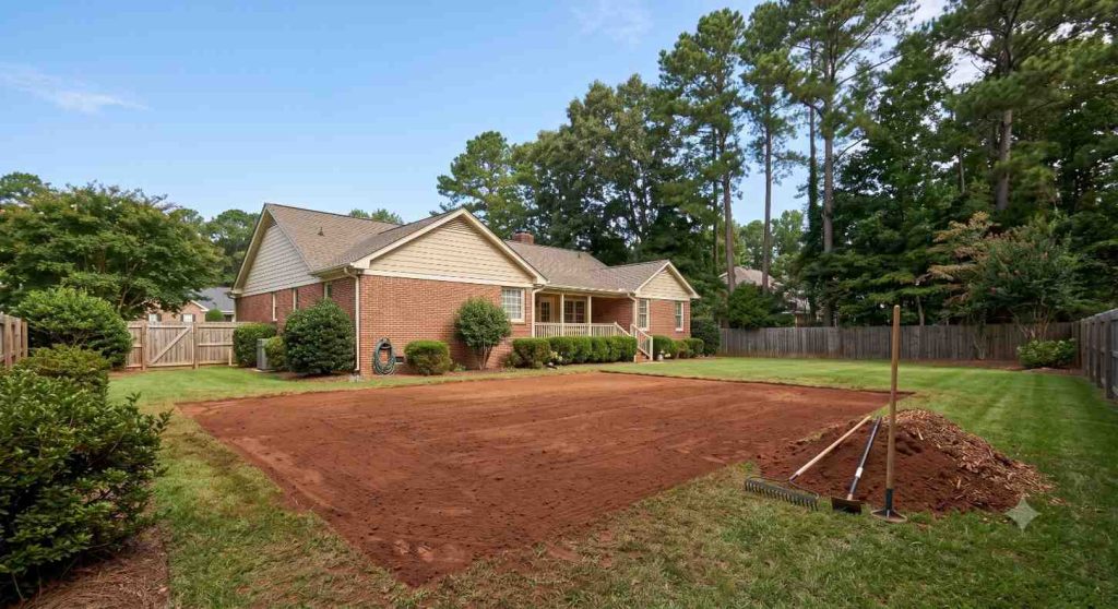 Cleared and leveled backyard spot after shed removal in North Carolina