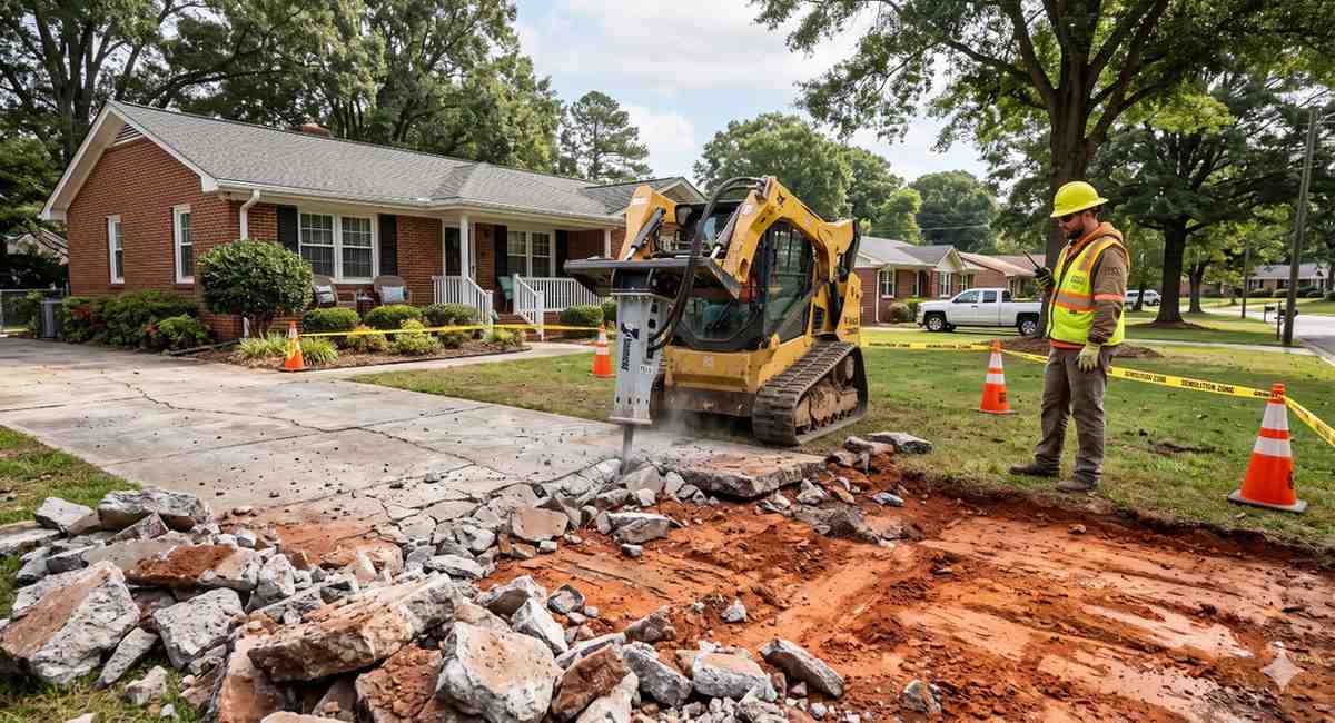 Skid steer breaking up a concrete driveway for removal in North Carolina. concrete driveway removal cost per square foot