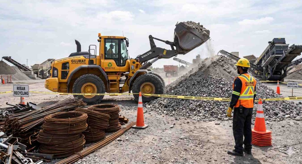 Loader moving crushed concrete for recycling at a North Carolina job site