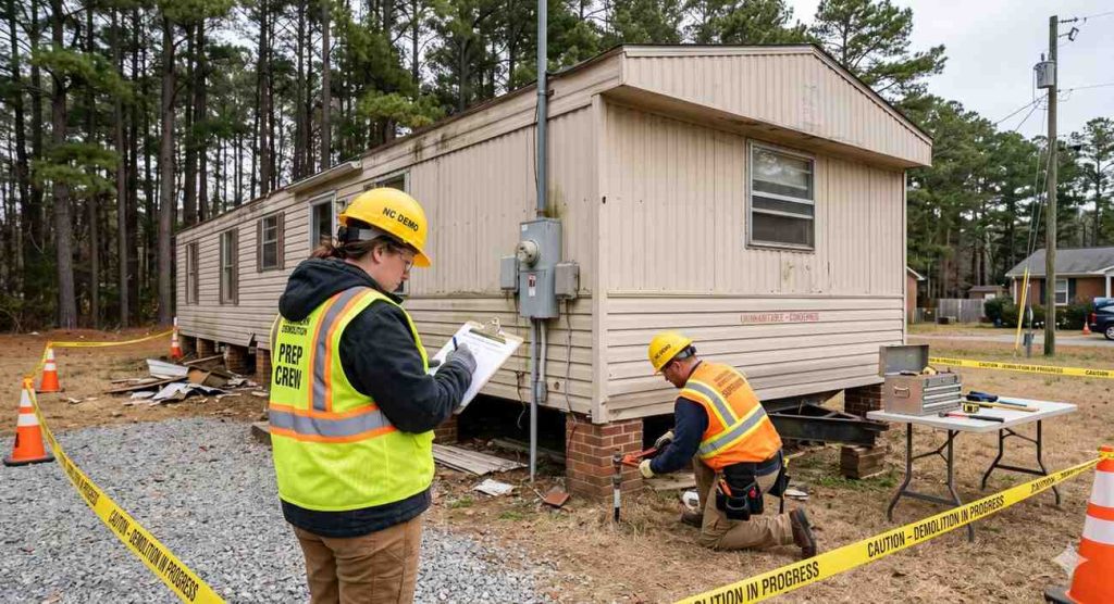 Demolition crew in hard hats and high-vis vests preparing a double-wide mobile home for teardown in NC