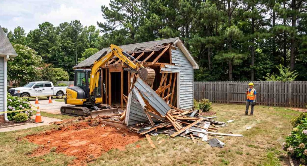 Excavator demolishing a detached wood-framed garage in a North Carolina backyard, 