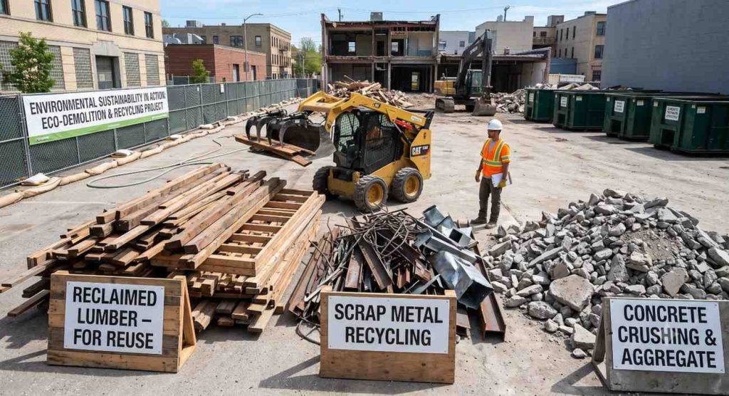 Sorted garage demolition debris piles for recycling at a North Carolina site