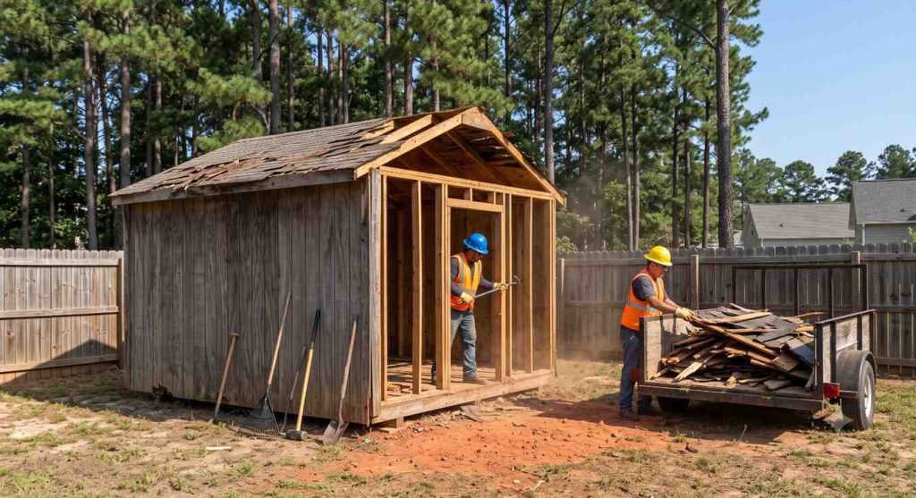 Workers disassembling a metal storage shed panel by panel in North Carolina. shed removal cost in NC