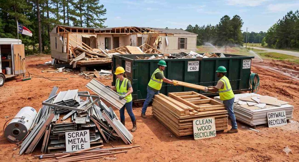 Workers loading sorted mobile home debris and scrap metal into a dumpster for recycling in North Carolina, mobile home demolition cost in NC