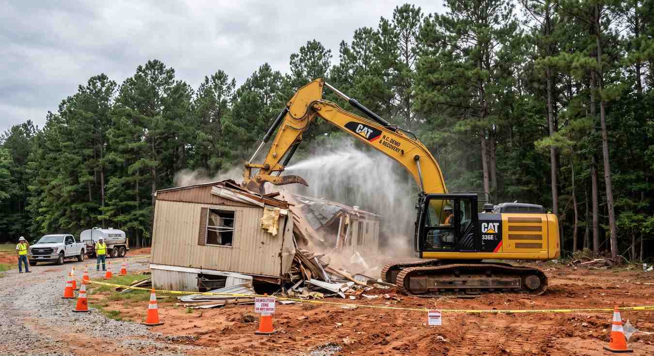 Excavator tearing down an old single-wide mobile home on a red-clay lot in rural North Carolina