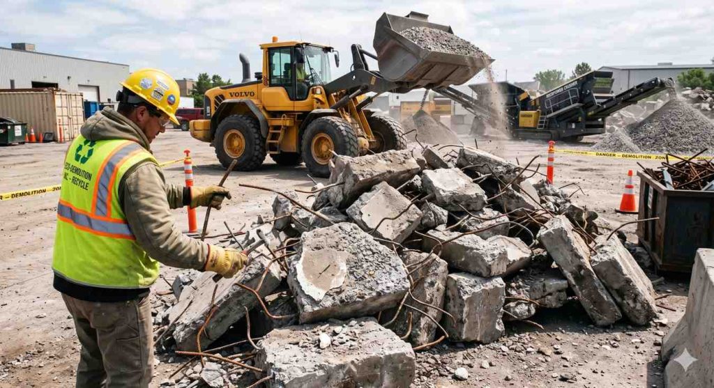 Broken pool concrete sorted for recycling at a North Carolina demolition site