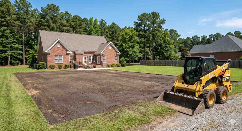 Graded and restored backyard after pool removal and backfill in North Carolina