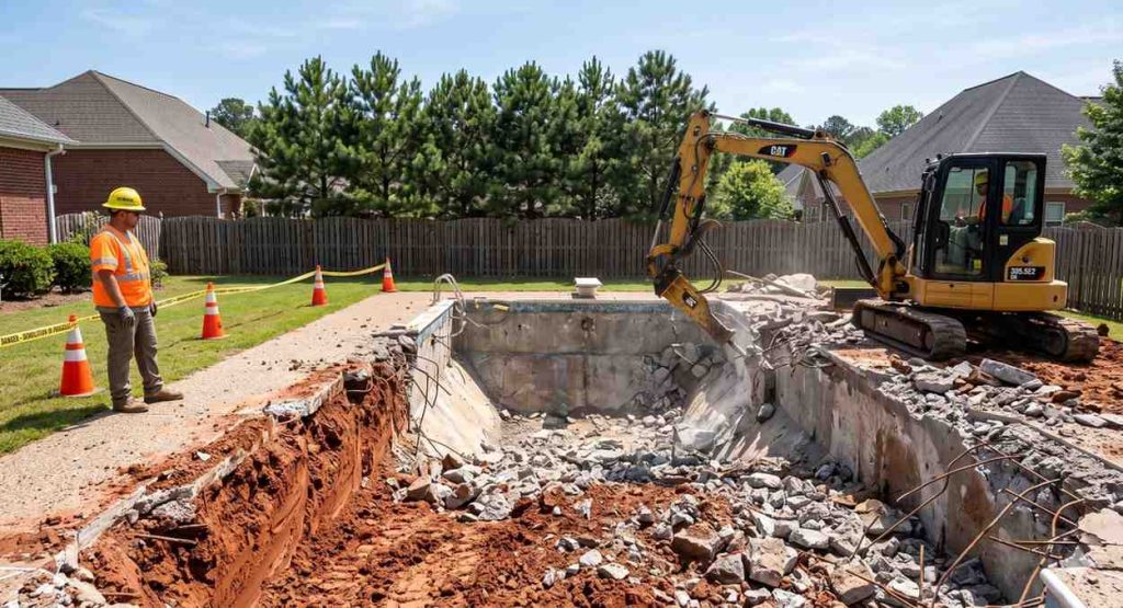 Excavator demolishing an inground pool in a North Carolina backyard with red clay soil. pool removal cost in NC