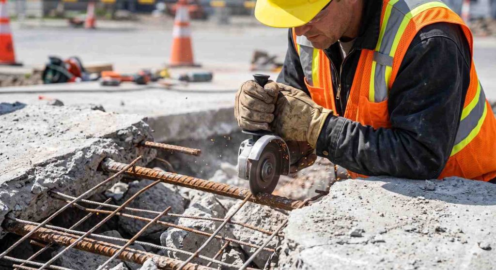 Exposed rebar in a broken concrete driveway slab being cut during removal. concrete driveway removal cost per square foot